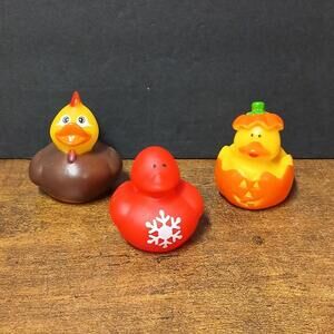 Lot of 3 Small Rubber Ducks, Thanksgiving Turkey ~ Pumpkin  ~ Snowflake